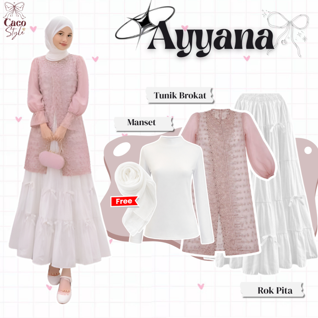AYYANA One Set 3In1 Outfit Tunik Lebaran Kekinian ( Bella Square + Tunik Brukat + Rok Pita )  - CO84