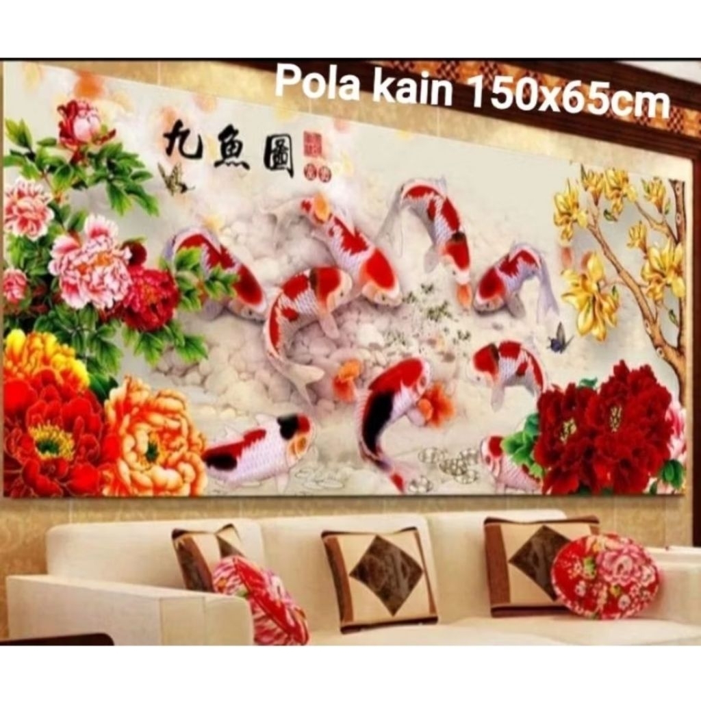 DIY CROSS STITCH KIT Paket kristik ikan koi 9 fish bunga peoni oriental pola kain cross stitch kit 1