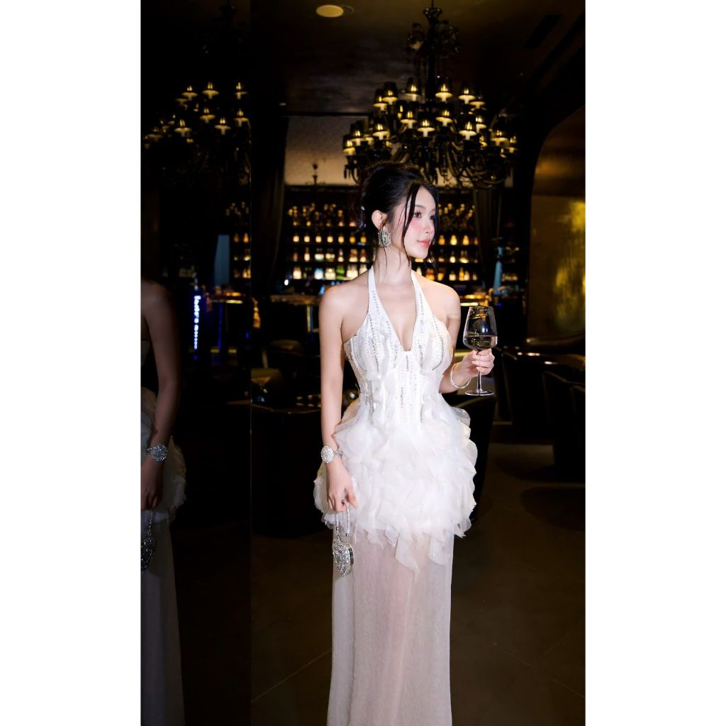 ‼️WITHEURSTYLE‼️LONG DRESS HIGH QUALITY VIETNAM TANPA LENGAN HALTERNECK VNECK SEXY GLAMOUR FANCY CLA