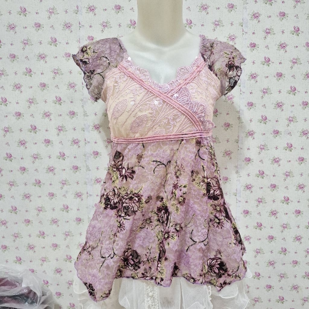 pink floral blouse asymmetrical coquette cottagecore fairy chic lace kawaii japanese babydoll patchw