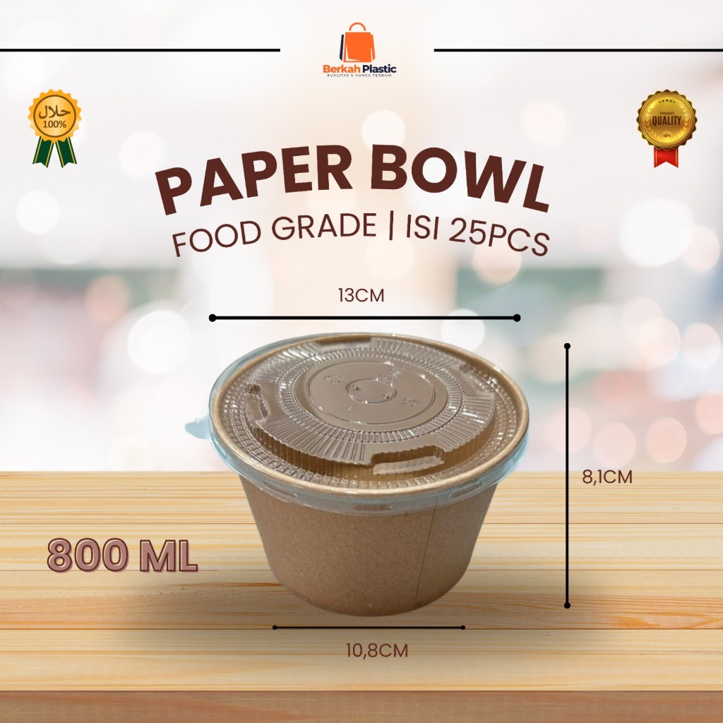 Paper Bowl / Mangkok Kertas Coklat Dengan Tutup Ukuran 800ml