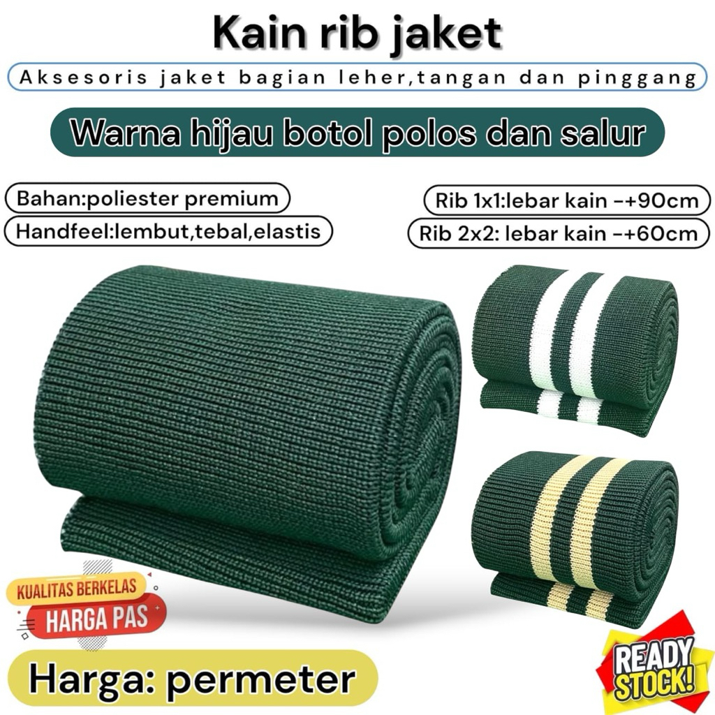 kain Rib bur rajut Warna Hijau botol polos dan salur poliester premium Meteran