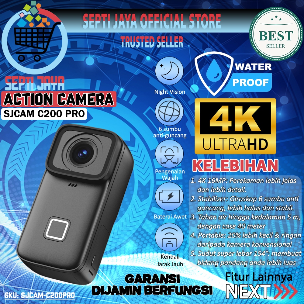 SeptiJaya SJCAM C200 Pro Action Camera 4K 30FPS Ultra HD 5G WiFi Waterproof 1.3 Inch Touch Screen Ka