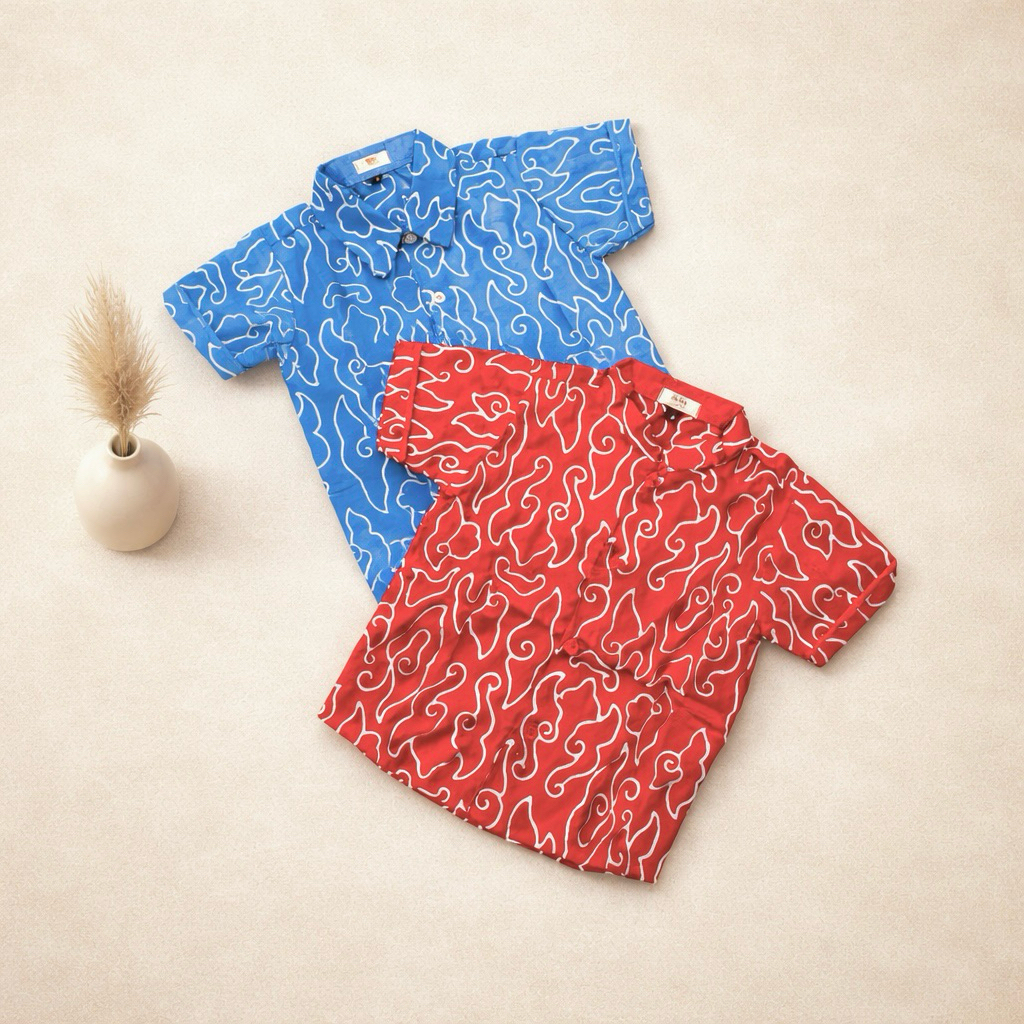 kemeja batik anak mega mendung merah, biru