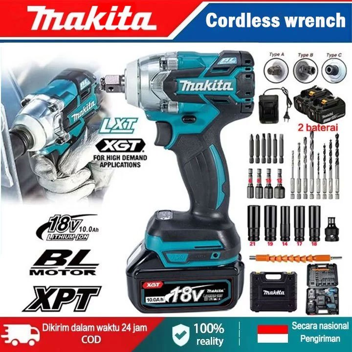MAKITA DTW285 Kunci Pas Listrik Isi Ulang, termasuk 2 baterai, 6200 RPM, kunci pas benturan, bor mul