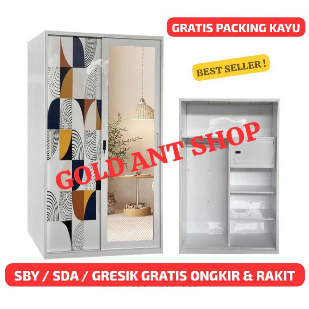 Lemari Pakaian Sliding Besi Jumbo 2 Pintu Kaca / Lemari Baju Pakaian sliding Besi Lebar 120 Jumbo Ka