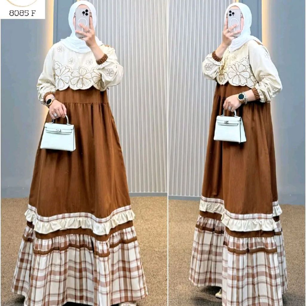 Indah Fashion - Gamis Semut By Syaina Dress Terbaru Motif Kotak Salur Katun Kekinian Terbaru Premium