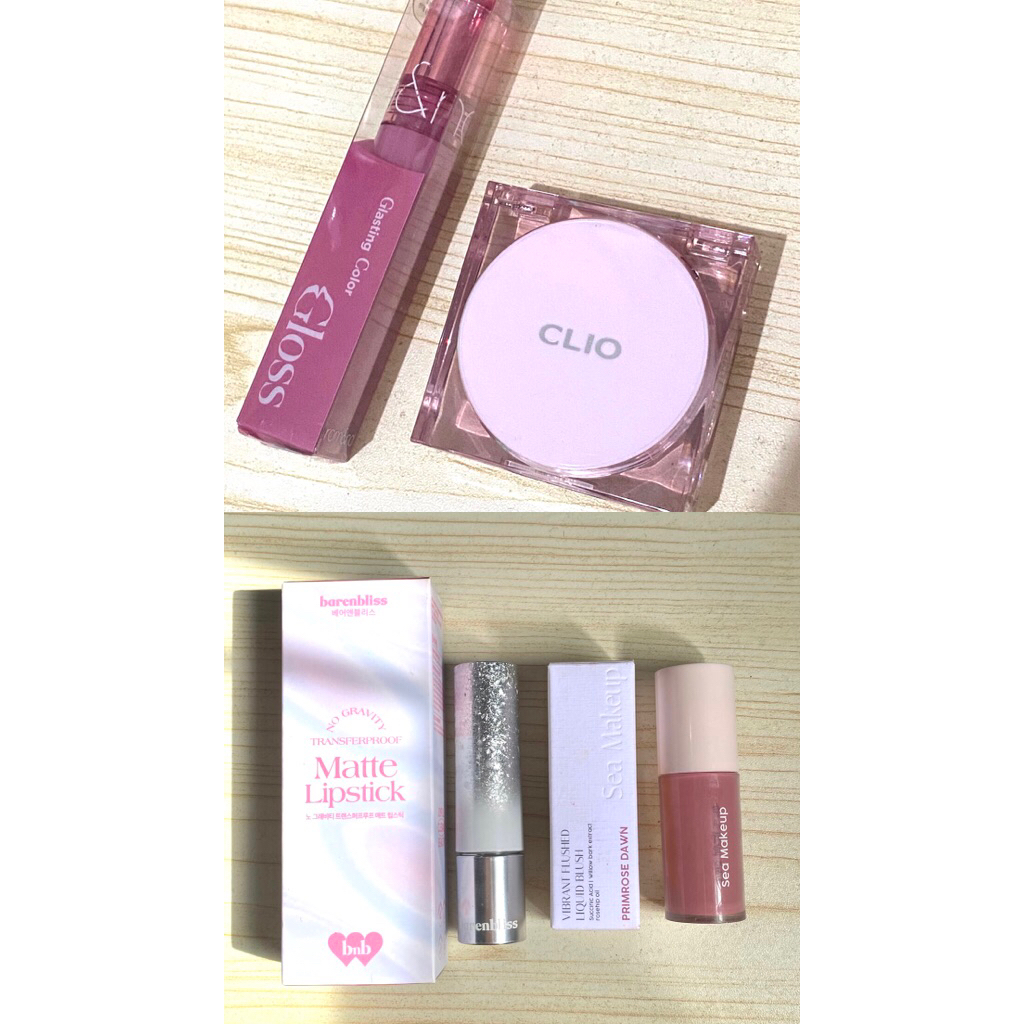 seamakeup blush, lipmatte barenbliss, clio mini cushion & romand lipgloss