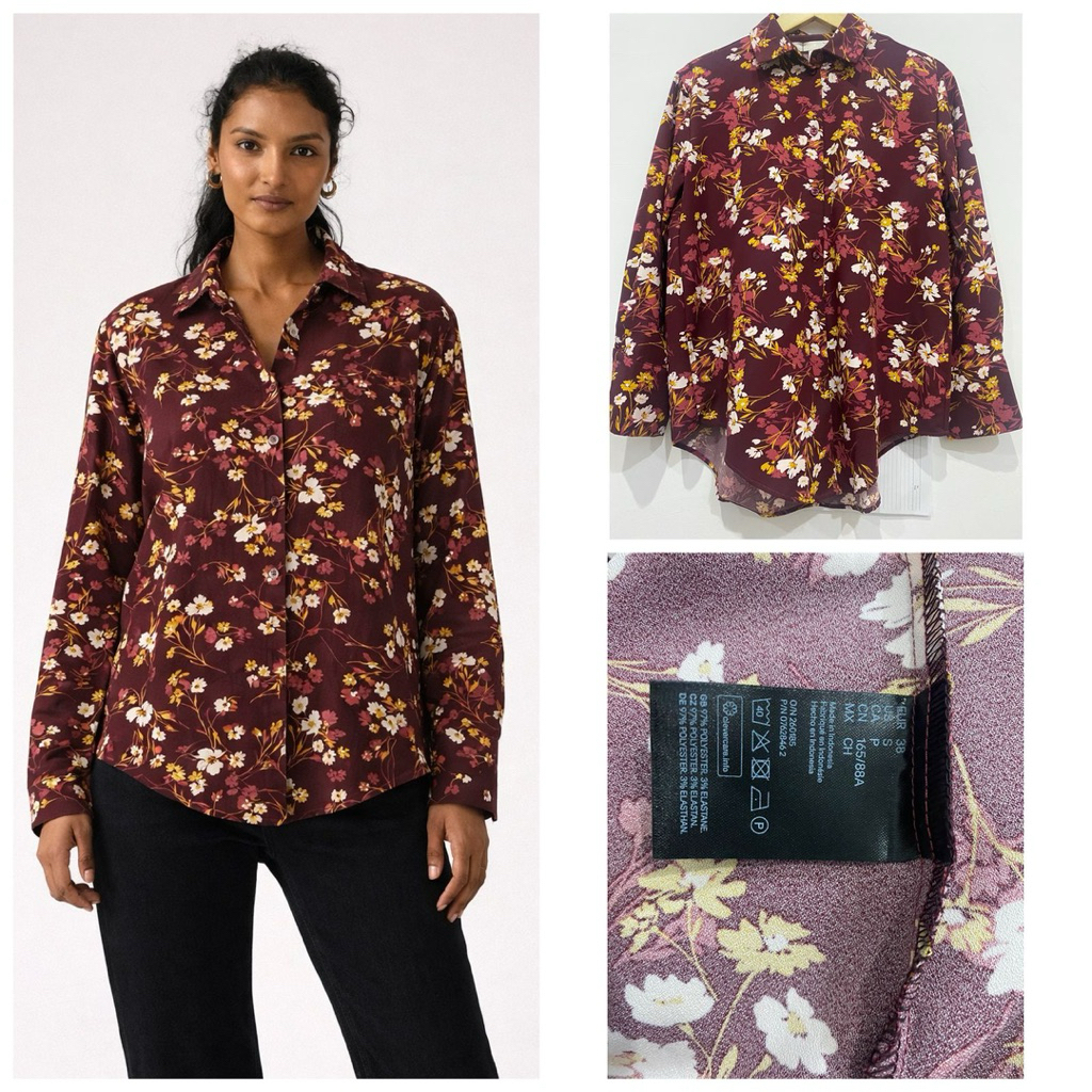 H&M Burgundy Blossom Shirt | H&M Kemeja Maroon Motif Bunga | Kemeja H&M