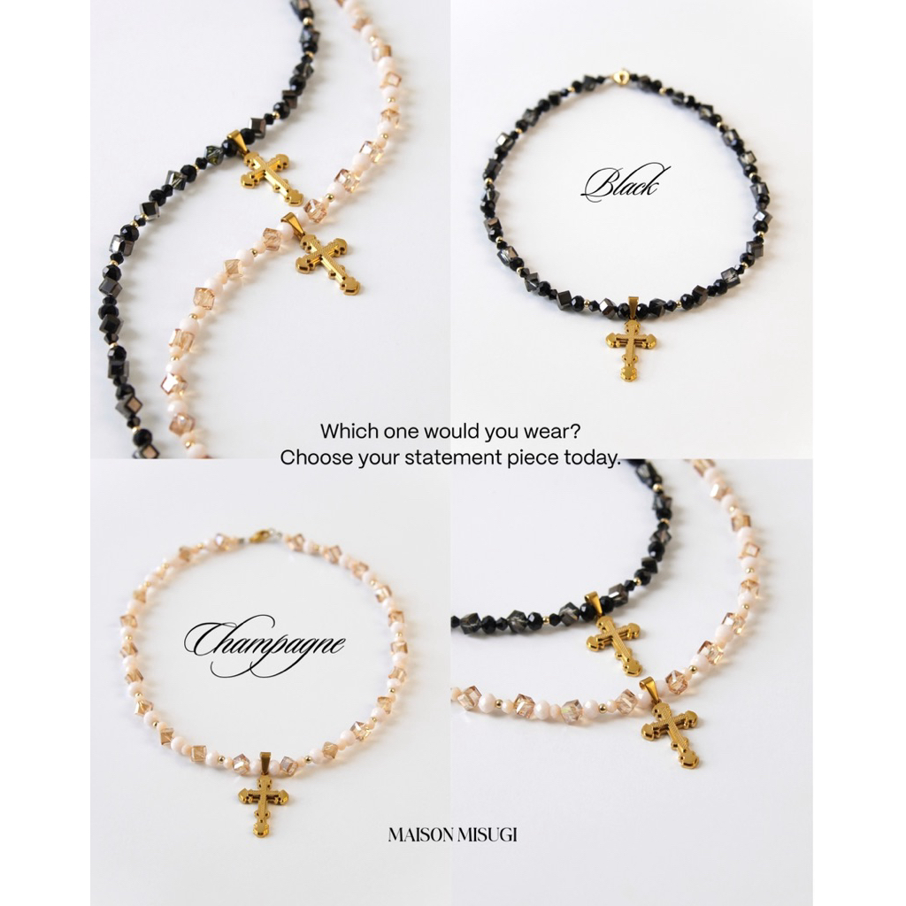 CROSS CRYSTAL CHOKER NECKLACE KALUNG CHOKER KRISTAL SALIB GOLD STAINLESS TITANIUM