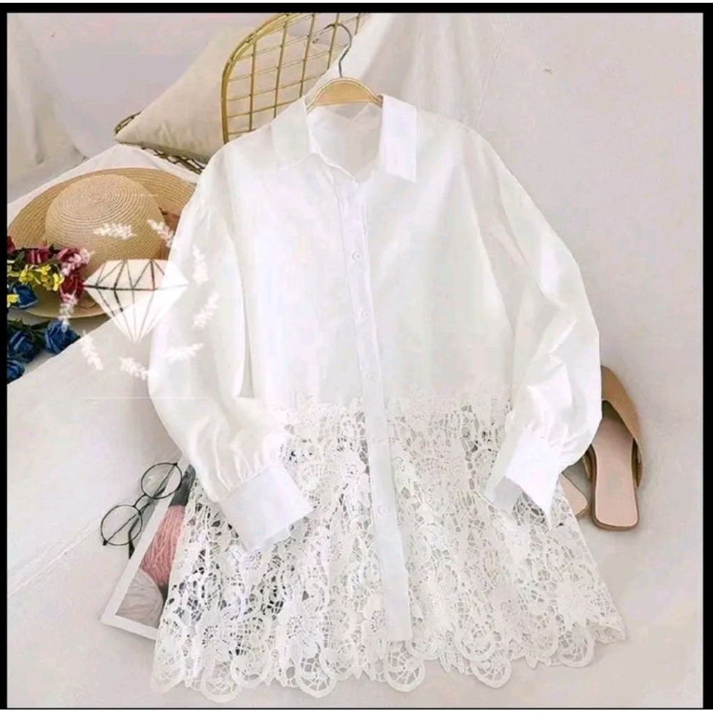 atasan wanita blus frederika  brokat  baju wanita Jumbo Dewasa Putih BW Panjang Shakila
