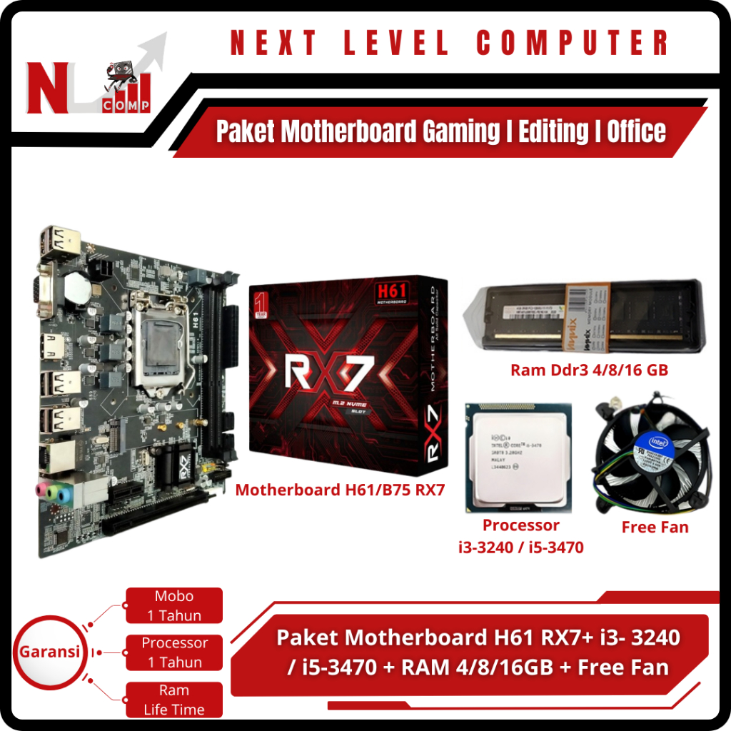 Paket Motherboard Office/Editing/Gaming H61 RX7 Socket LGA 1155 Gen2/3 Support Ssd M.2 Nvme Micro AT