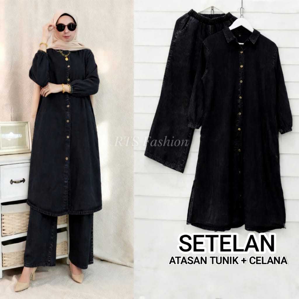 Jammie Set Long Jeans Setelan HQ Denim Washed Setelan Celana Baju Tunik Wanita Kekinian