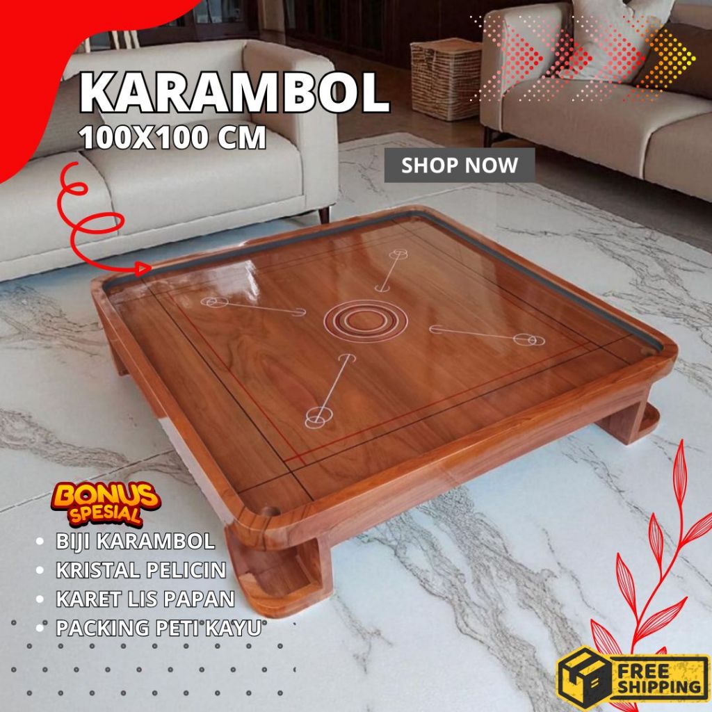 Meja Karambol Jati Premium Meja Karambol Bahan Jati Ukuran 100x100cm Full Set Biji koin dan pelicin