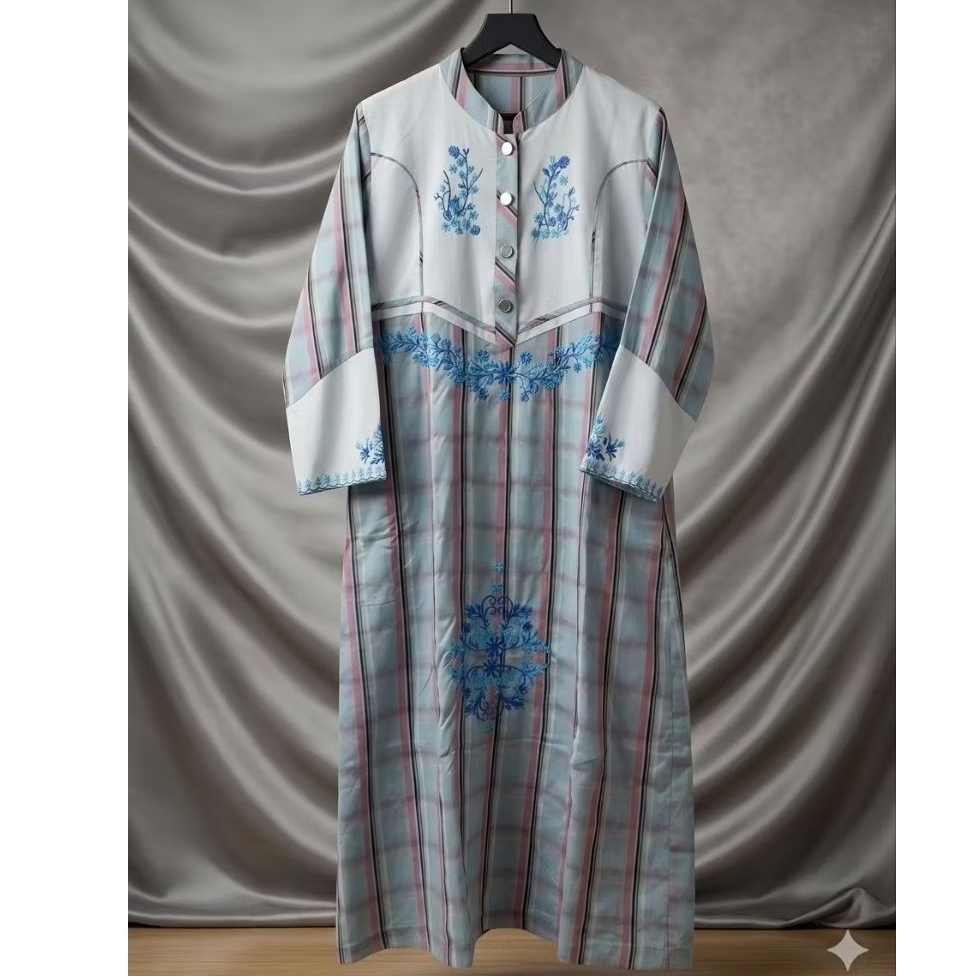 Gamis Modern Kombinasi Katun Stripe & Bordir Floral Etnik