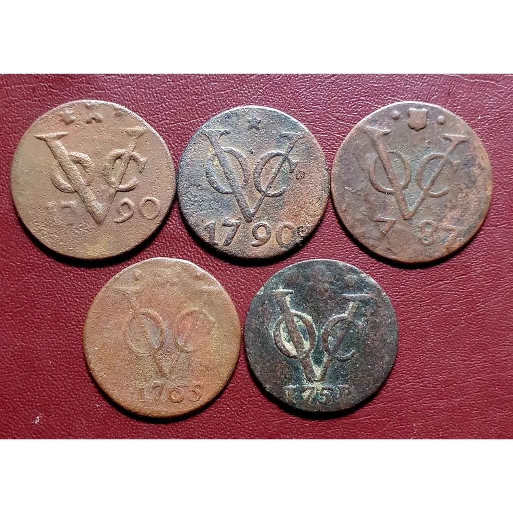 5 keping koin 1 duit voc tahun 1790, 1787, 1765 & 1751