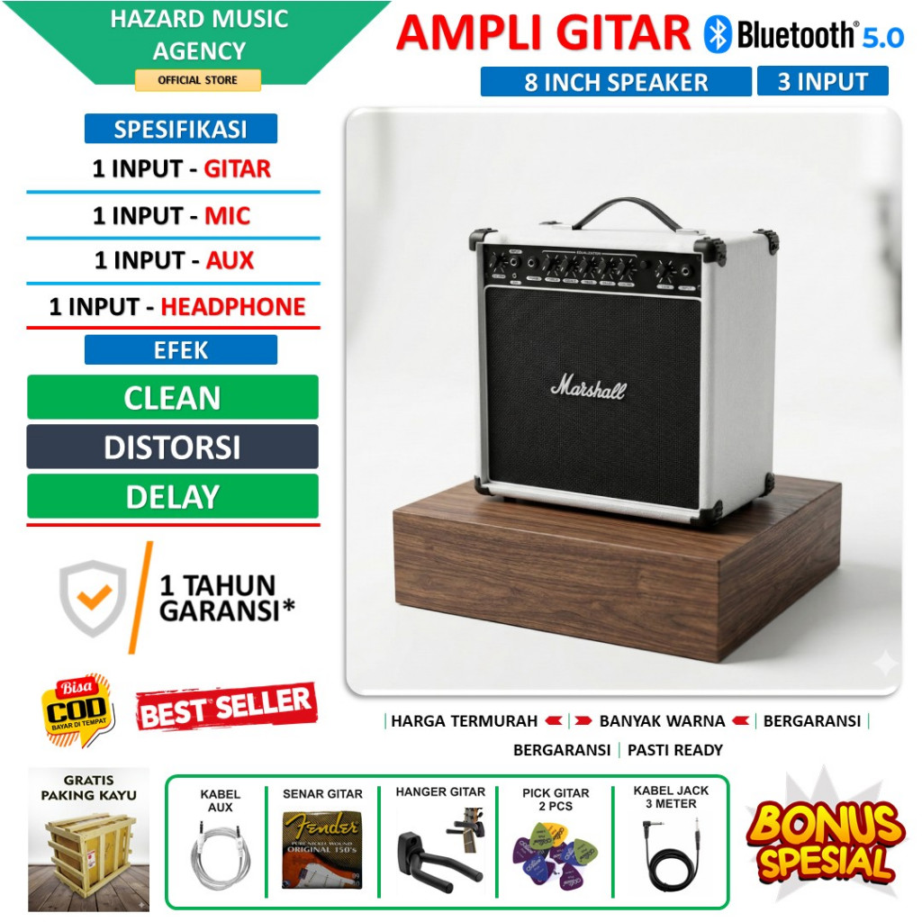 Ampli gitar & bass 8 Inch 3 input bluetooth bisa untuk karaoke ada efek distorsi delay