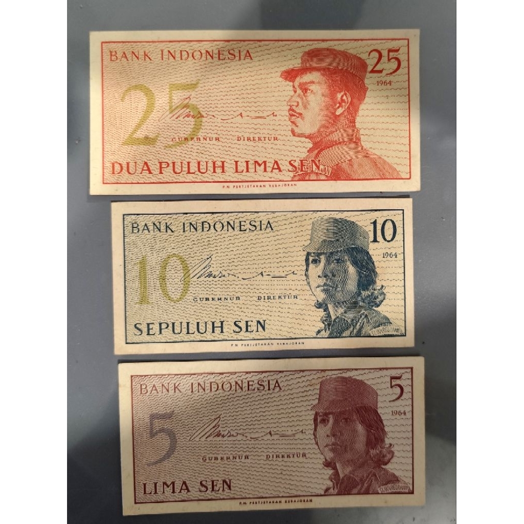 Uang Kuno 1 set isi 3 lembar : 5 ,10, 25 Sen  - seri Relawan ..emisi 1964 ..100% Asli ..(Koleksi Pri