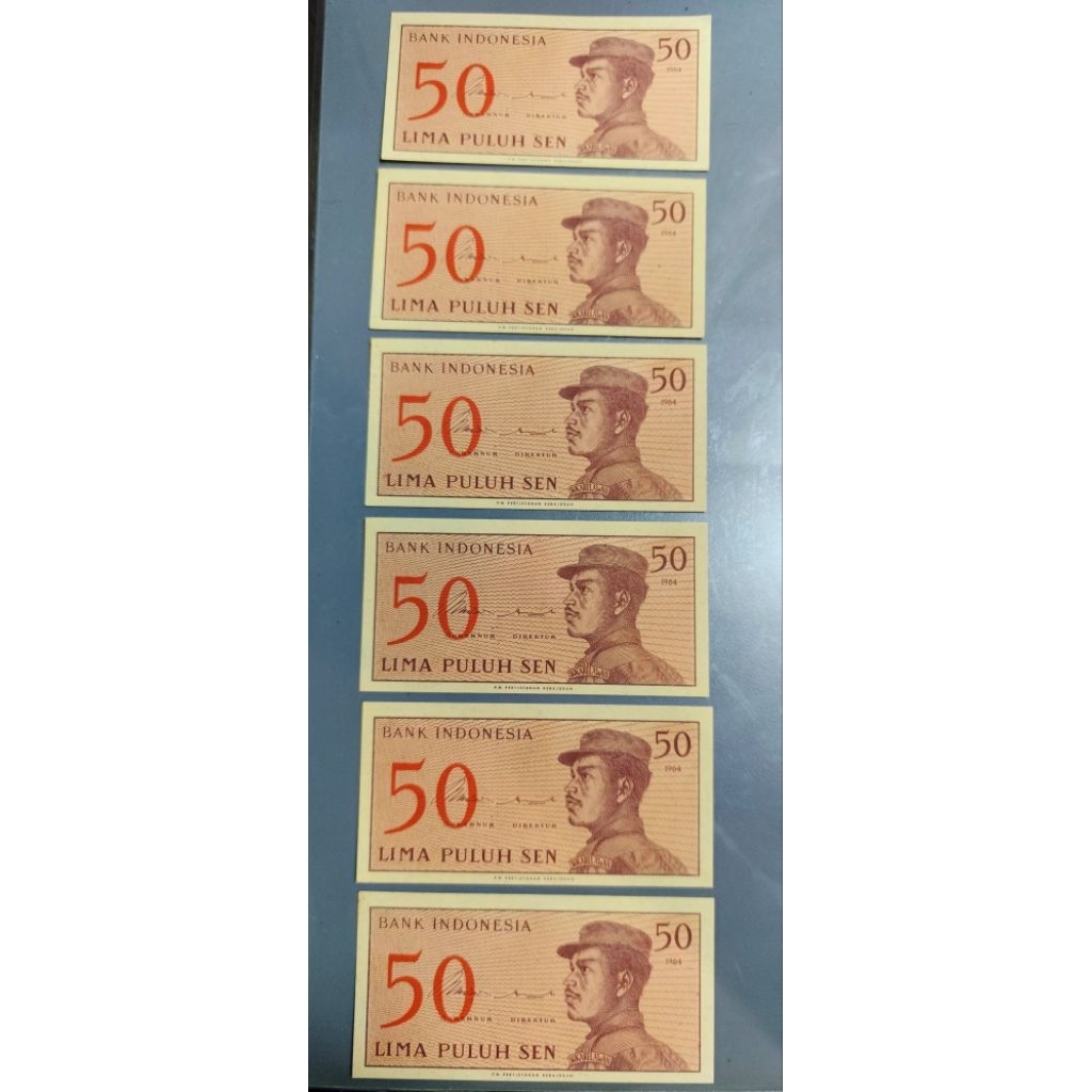 Uang Kuno 50 Sen - seri Relawan ..emisi 1964 ..1 set isi 6 lembar - NOMER SERI URUT ..100% Asli ..(K