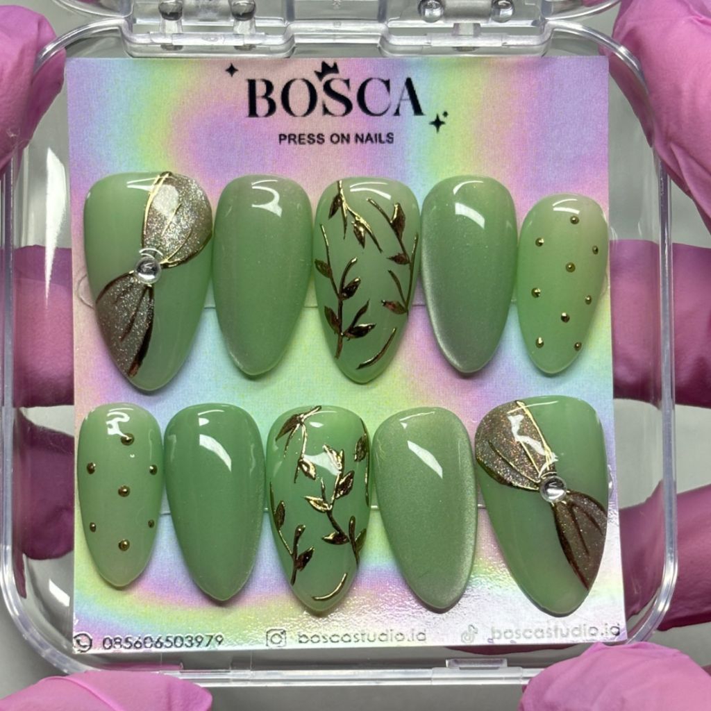 Press on nails sage green hijau cat eye chrome custom nail art kuku palsu wisuda wedding boscastudio