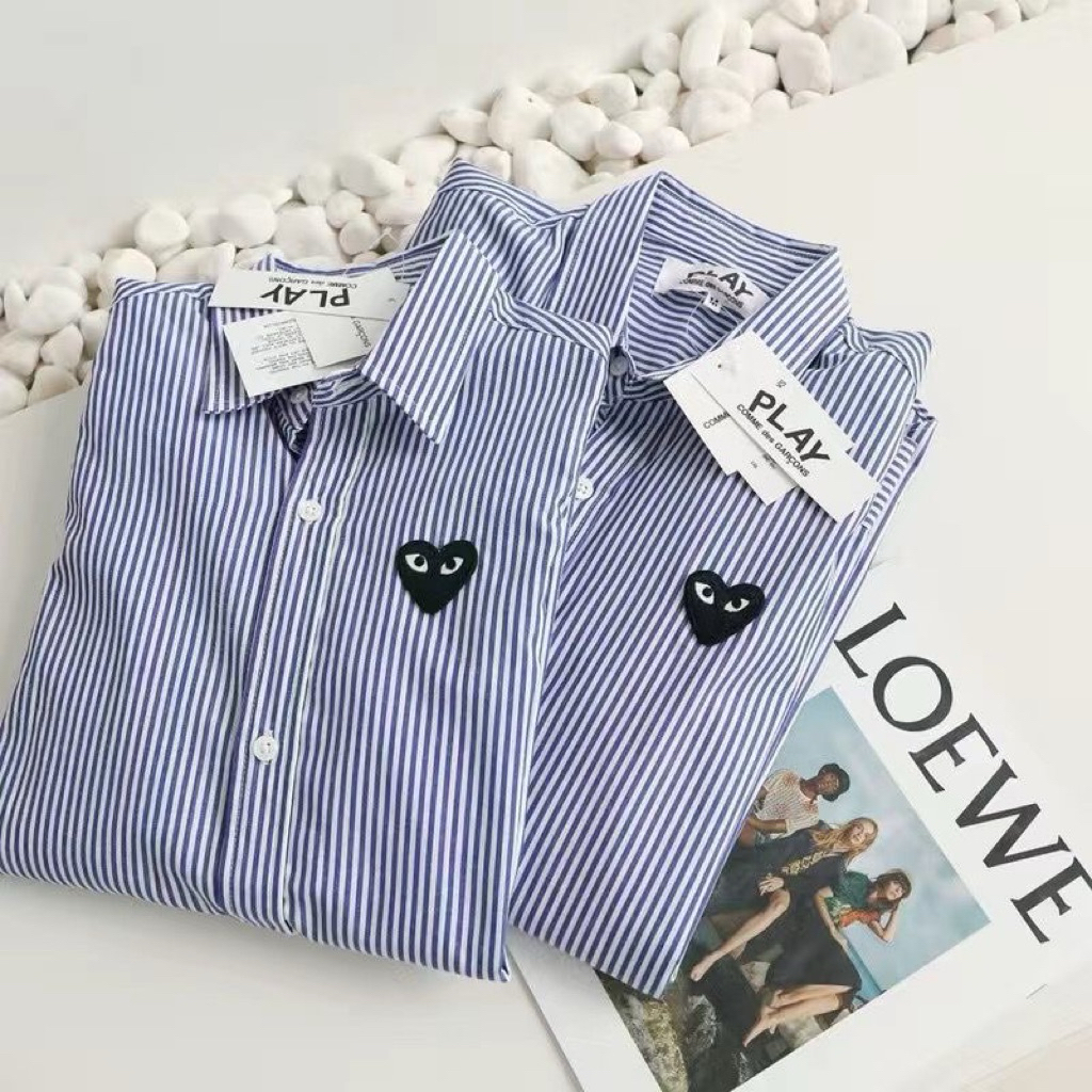 Kemeja bergaris biru CDG berkualitas tinggi bordir longgar kancing pria dan wanita baju PLAY lengan 