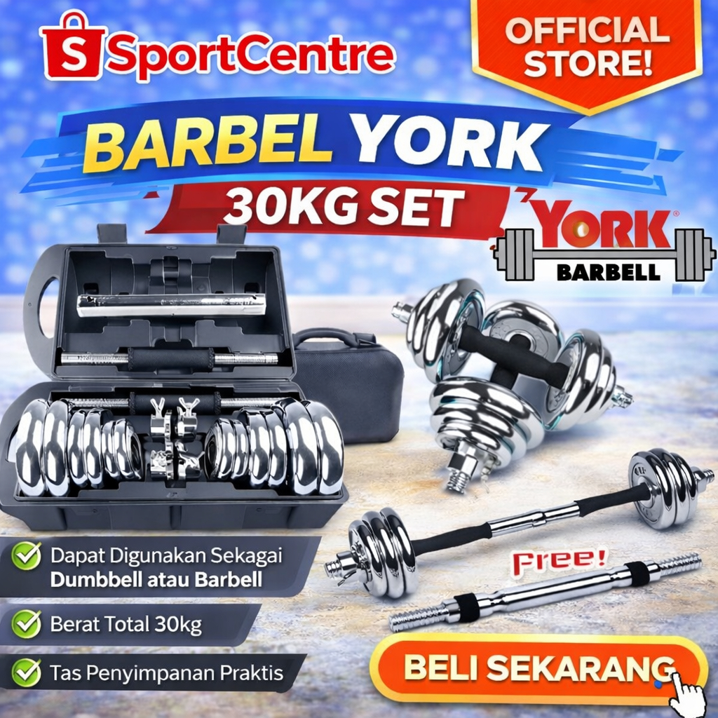 Dumbell York 30kg Chrome / Barbel 30kg / Dumbel Set 30 kg barbell set koper 30 kg