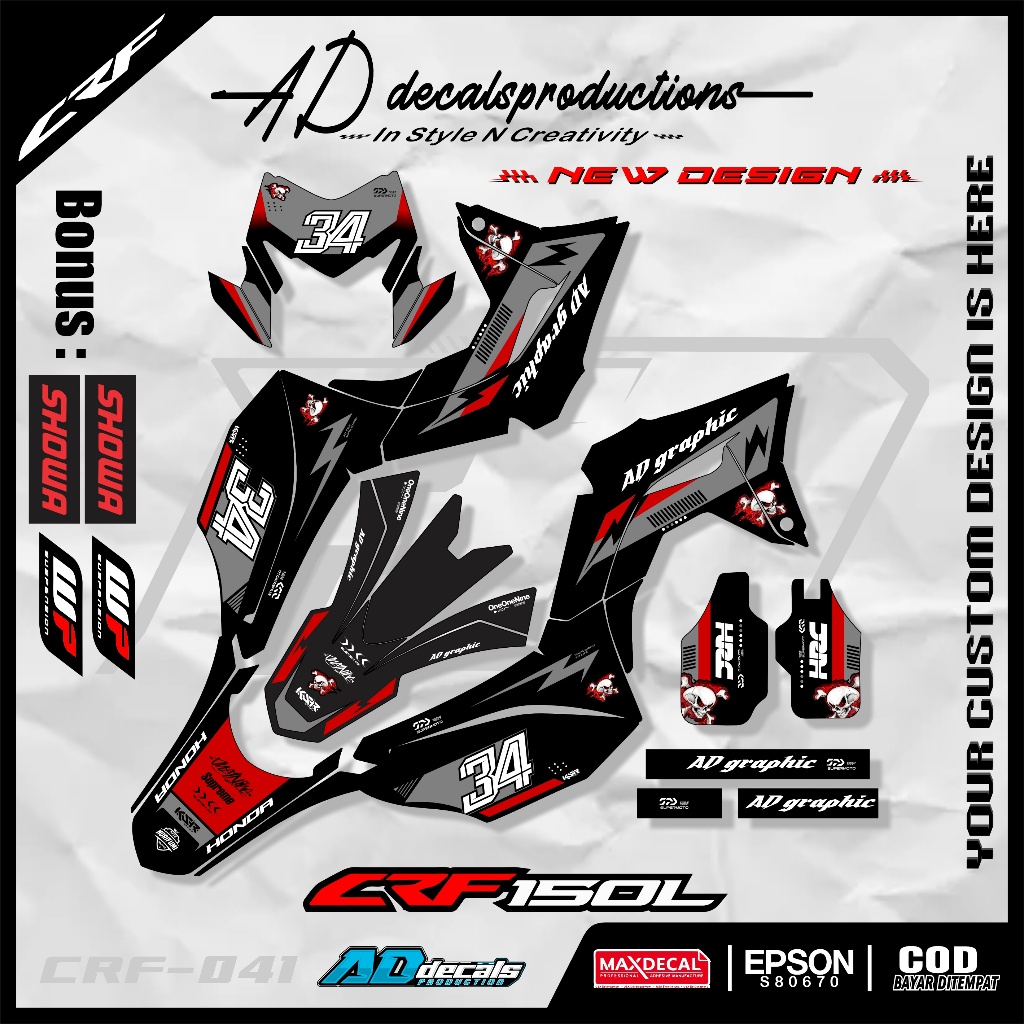 Sticker decal motor full body CRF 150 L terbaru putih gradasi, bebas custom nama, nomor dan warna 04
