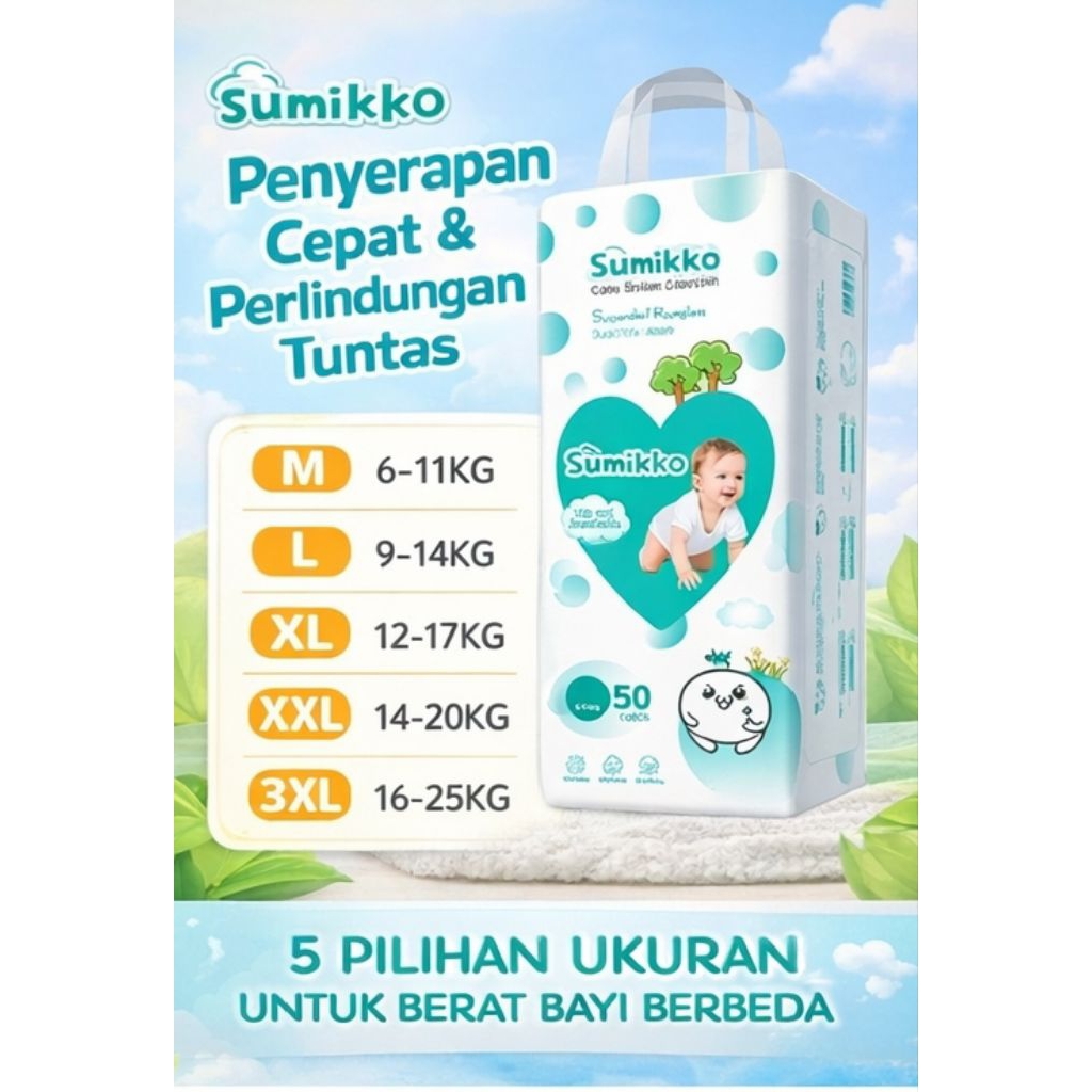 Sumikko Pampers Celana / Perekat 50pcs – Popok Bayi Anti Bocor, Lembut & Daya Serap Tinggi Size M L 