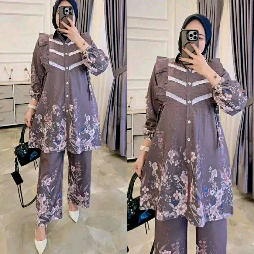 Setelan Celana Wanita Long Tunik Motif Bunga