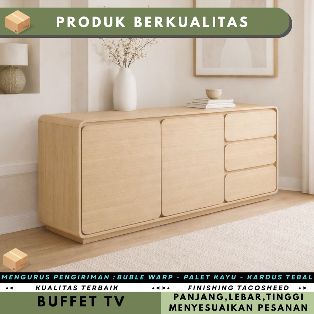 Credenza - Kabinet - Buffet TV - Lemari Serbaguna Pintu Sliding & Engsel 3 Laci Rounded Plywood Anti