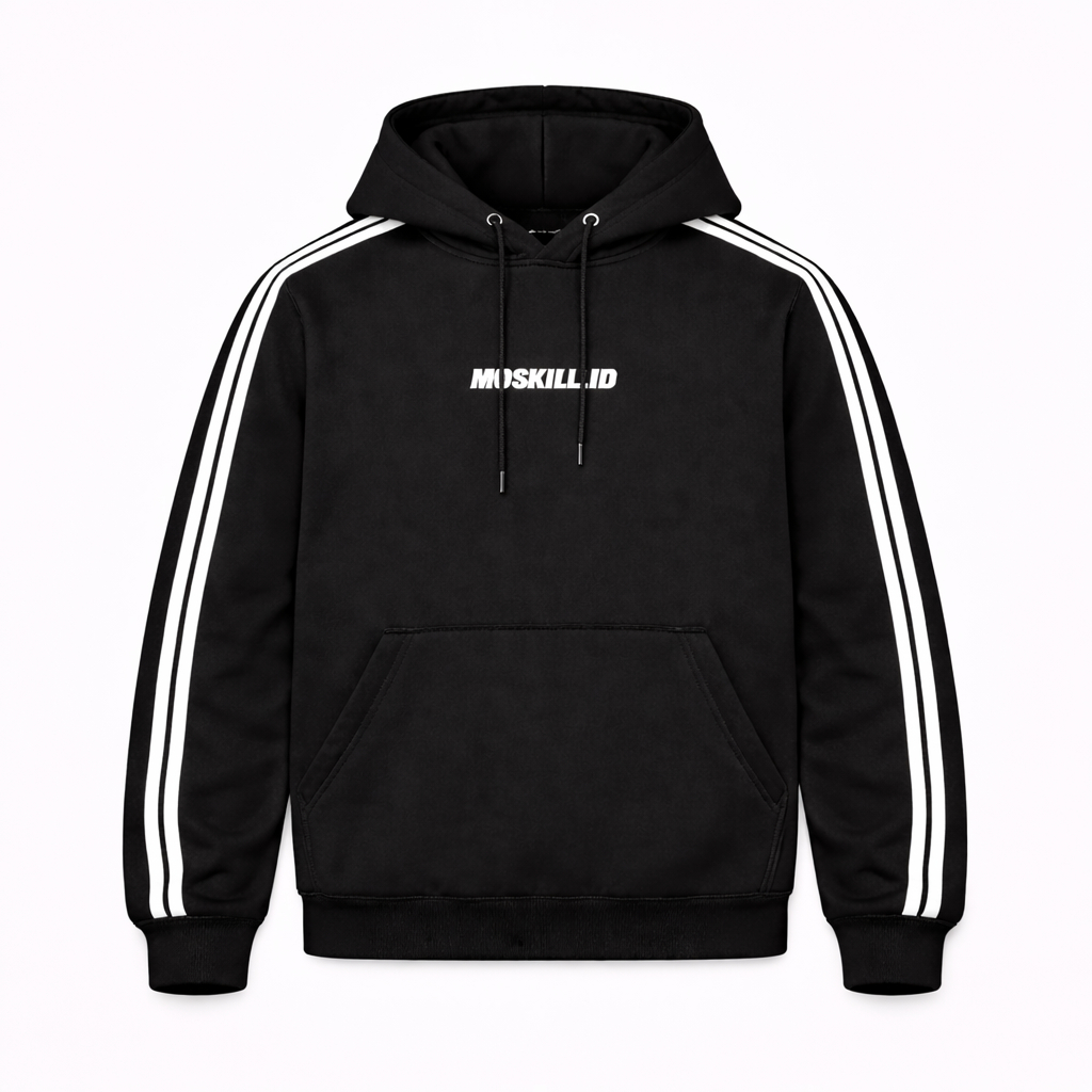 Moskill Hoodie Fleece Hitam Garis Putih Stripe Bahan Tebal