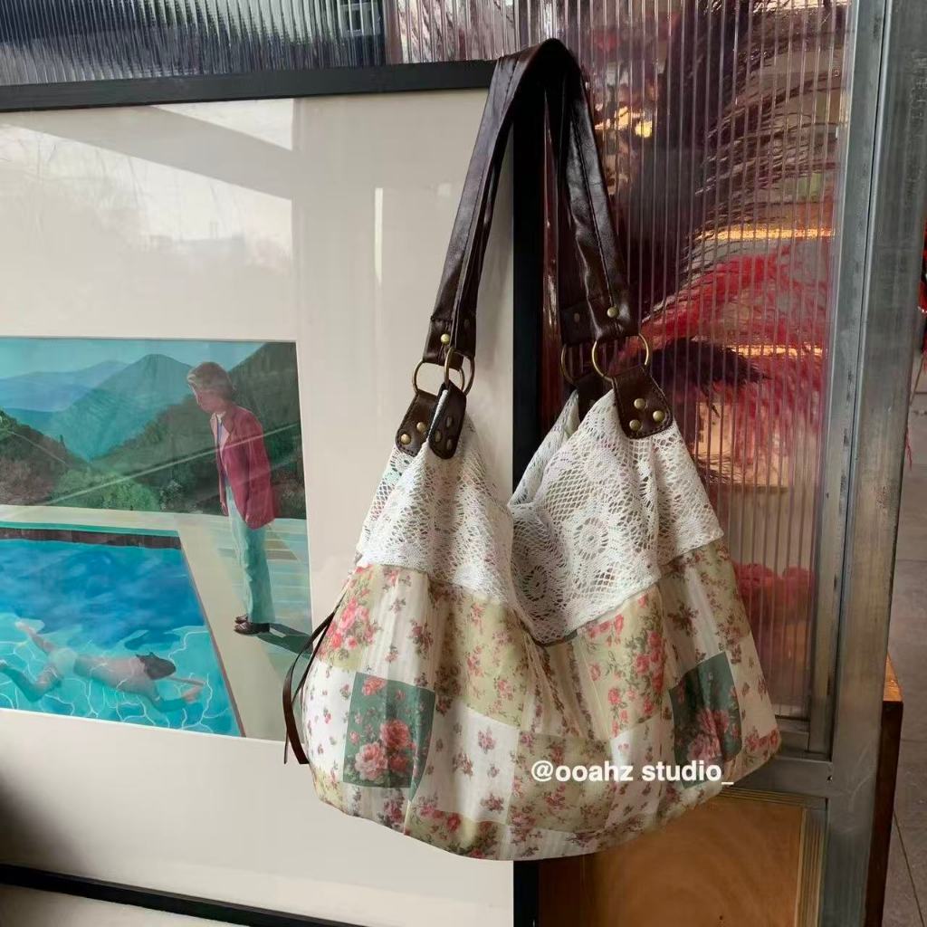 Tas Kanvas Vintage Potongan Bunga Renda Pinggiran Tas Jinjing Wanita Aesthetic/Tas Bahu Bunga Renda 