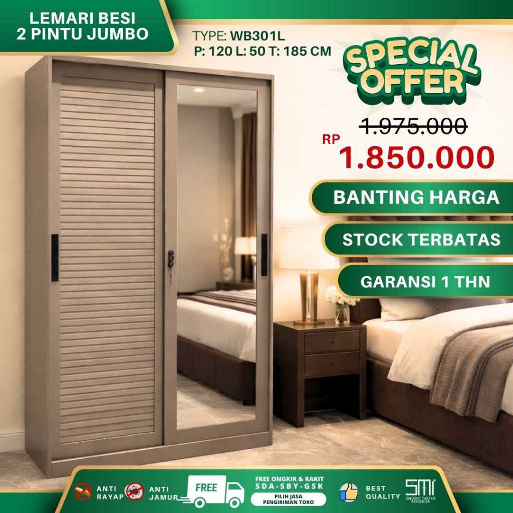 Lemari Pakaian Besi 2 Pintu Sliding 120 JUMBO, Lemari Baju Full Besi, Metal Wardrobe Sliding
