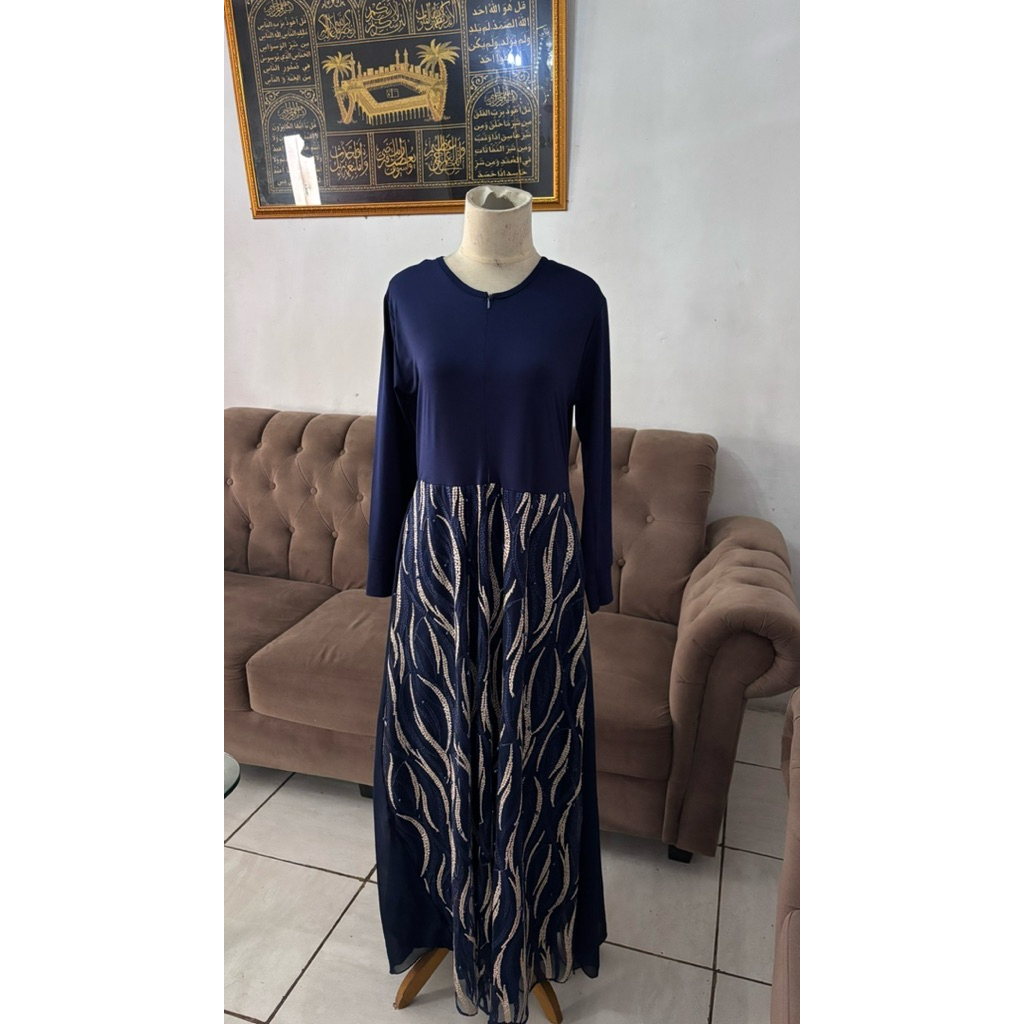 [PRELOVED] DRESS GAMIS PESTA NAVY TILE BORDIR