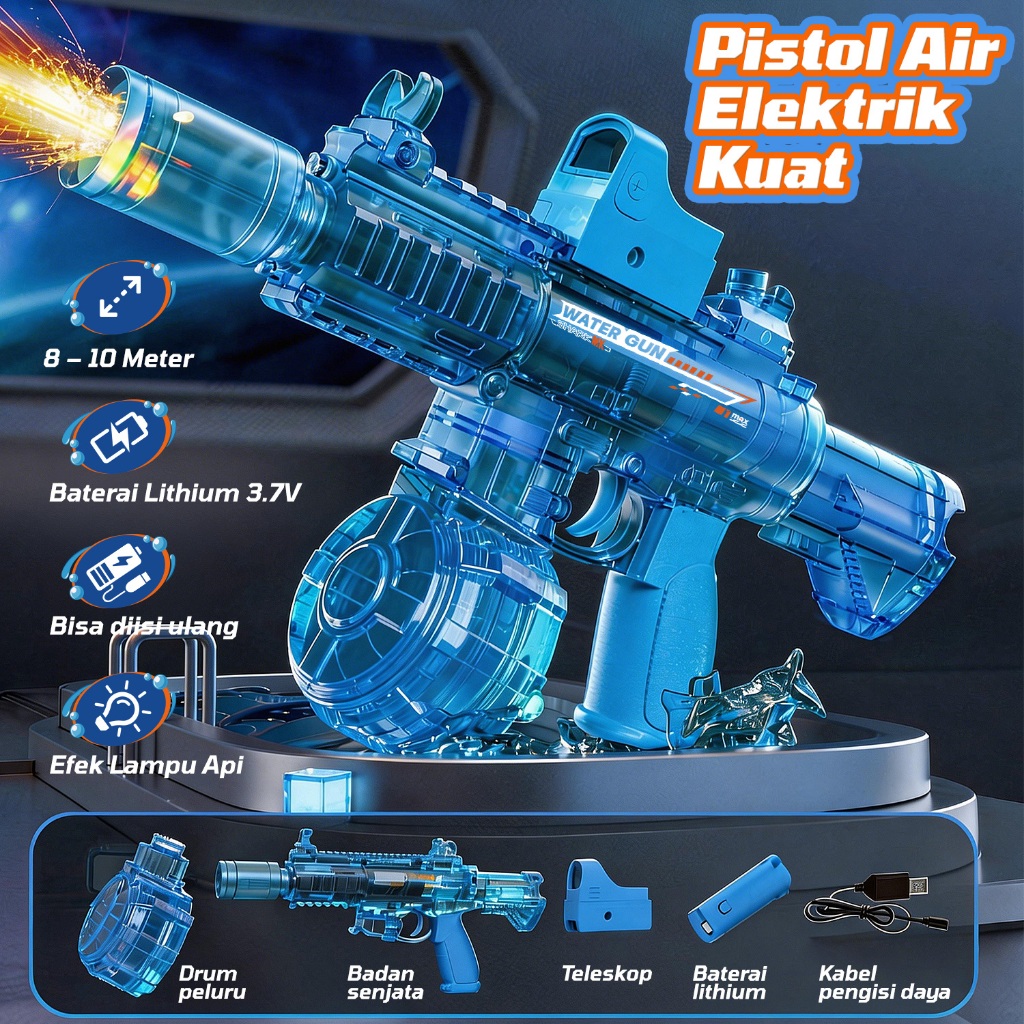Pistol Air Elektrik Kuat 8-10 Meter | Baterai Lithium Isi Ulang | Efek Lampu Api | Mainan Anak Trans