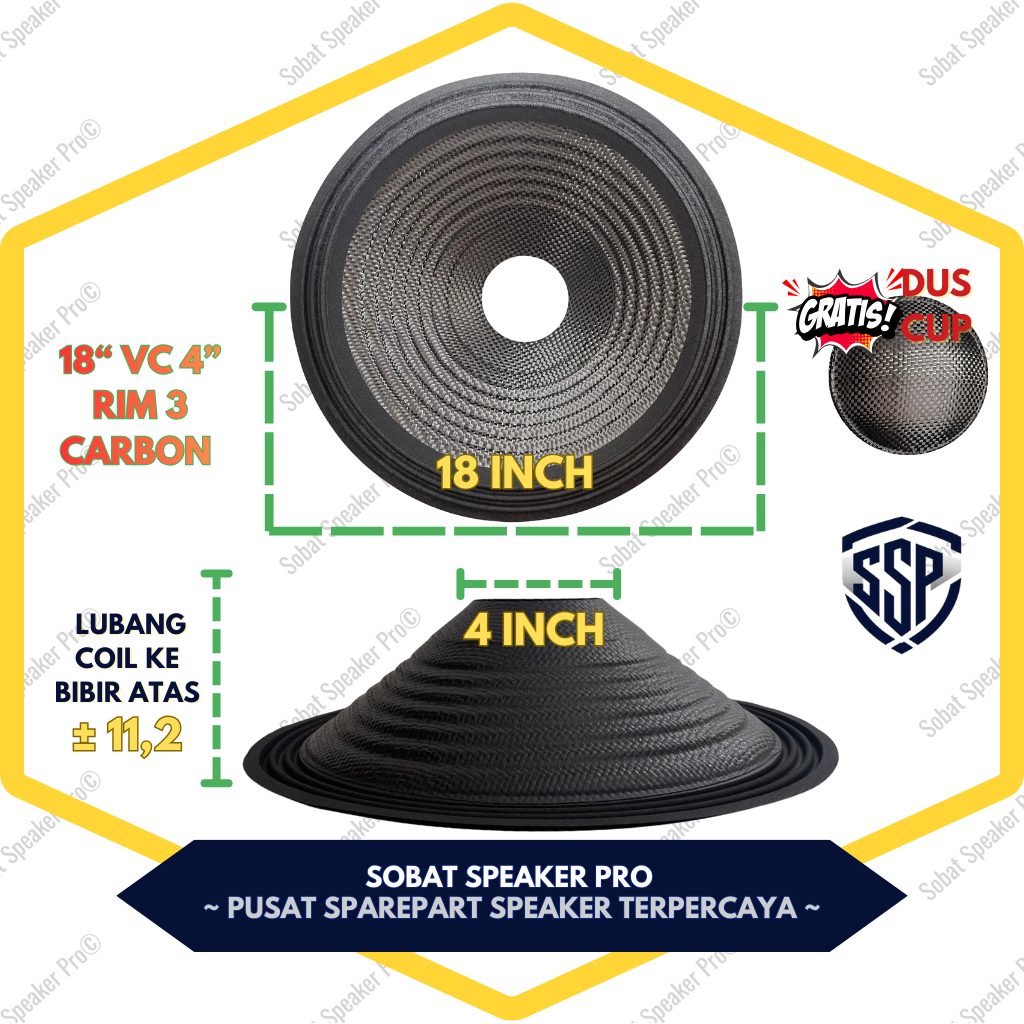 Daun Speaker Carbon 18 Inch Lubang 4 dan 5 Inch Tinggi 11,2 Rim 3 - Kertas Spiker 18" Karbon Coil 5"