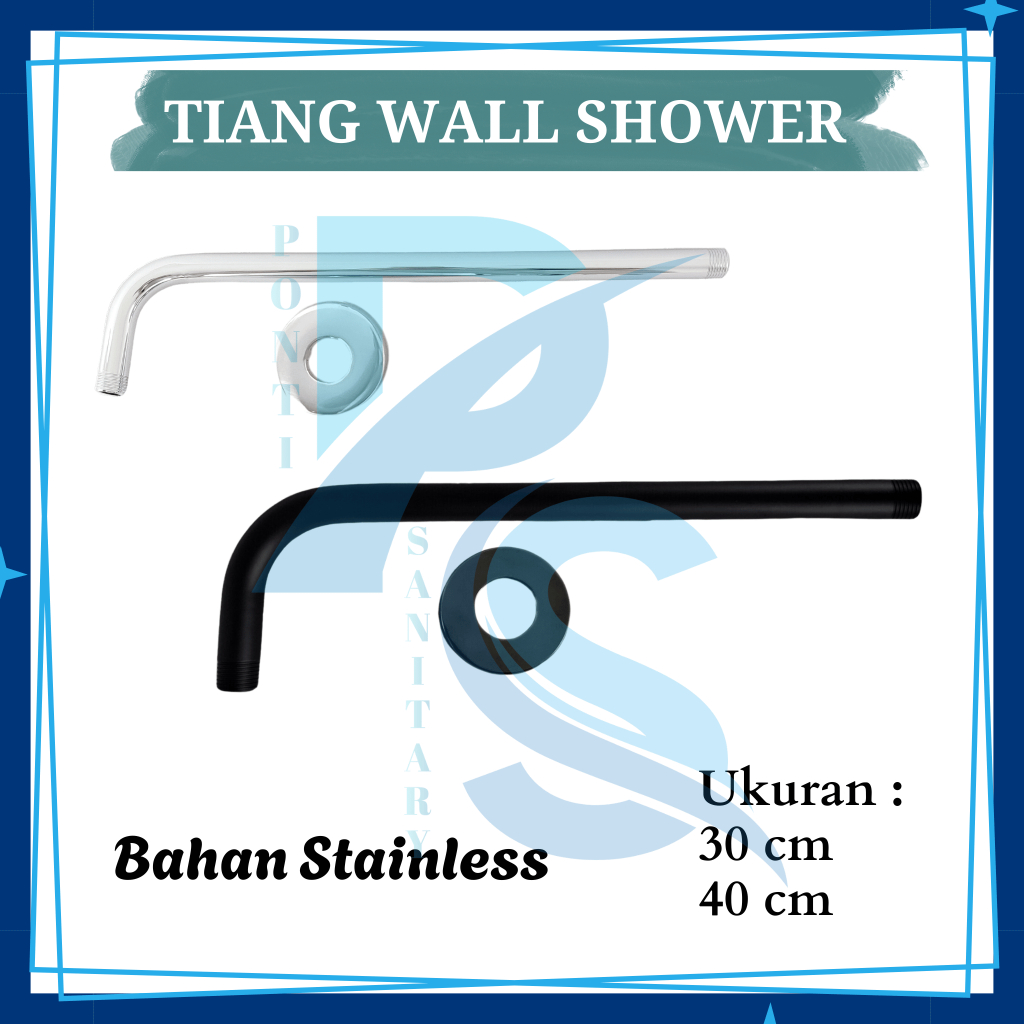 Tiang Pipa Wall Head Rain Shower Kamar Mandi Tembok Dinding 30 cm 40 cm Chrome Krom Hitam Black