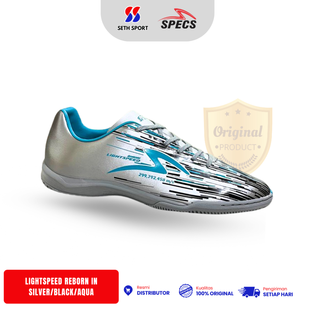 Sepatu Futsal Specs Accelerator Lightspeed Reborn IN Original- Silver/Black/Aqua