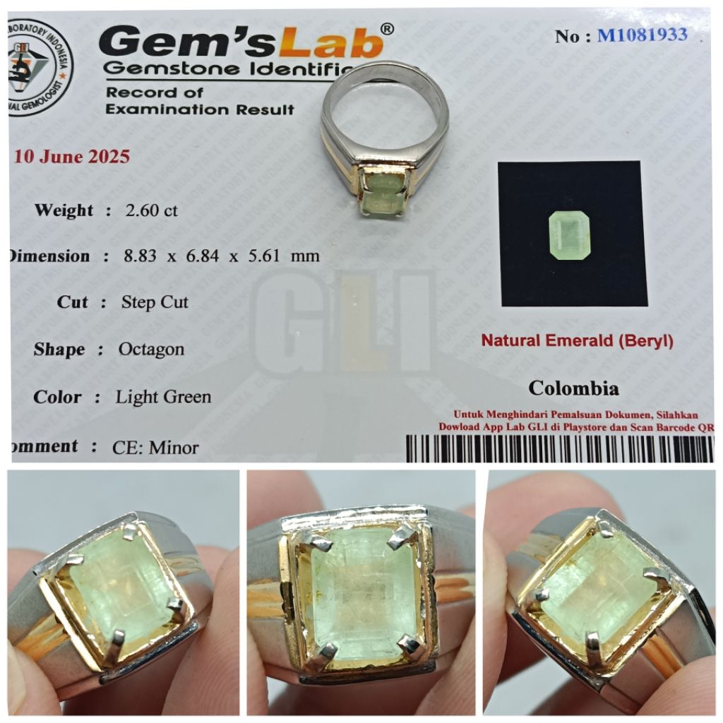 Natural Zamrud Colombia 2,7ct Memo MRI emerald beryl Columbia Minor Ring Perak