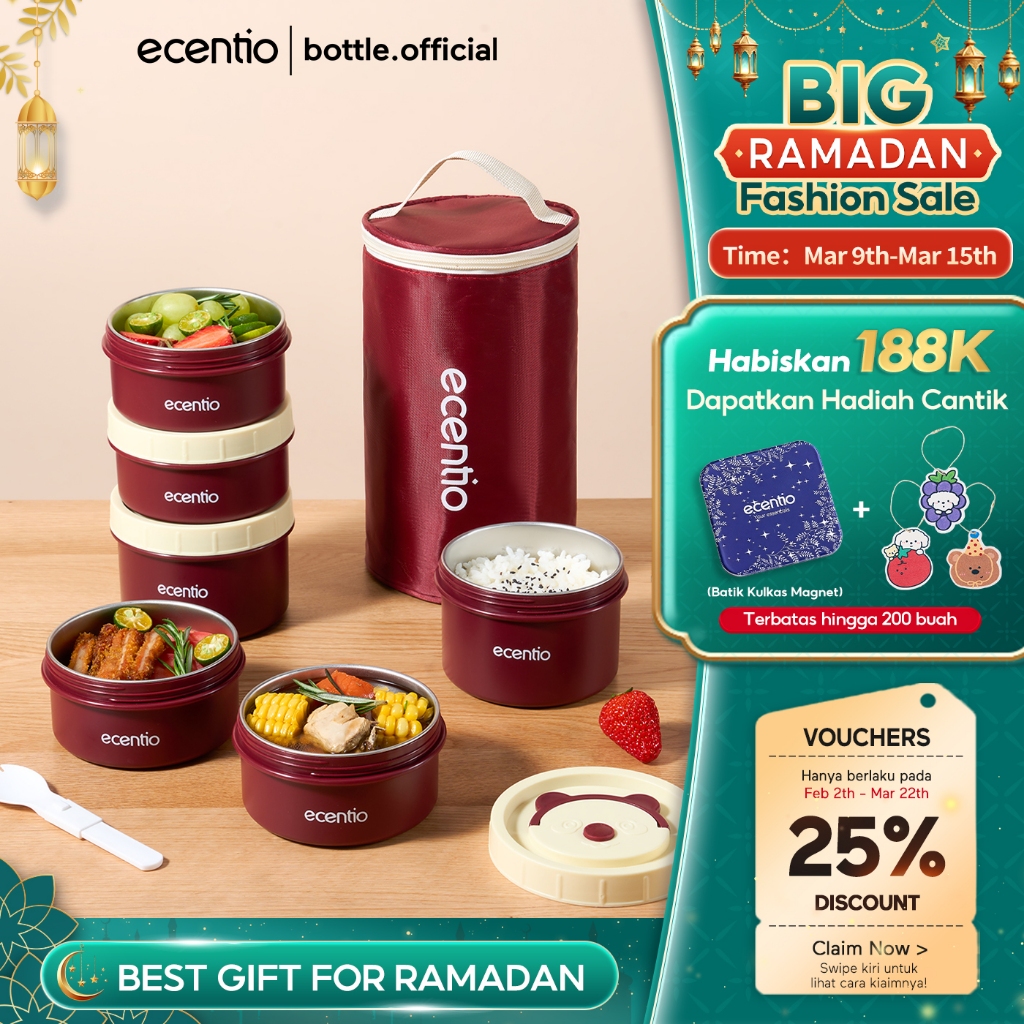 [3PCS Set] ecentio Lunch Box Set 3pcs Kotak Makan Siang Bento Portabel  Tahan Bocor Gaya Jepang Roun