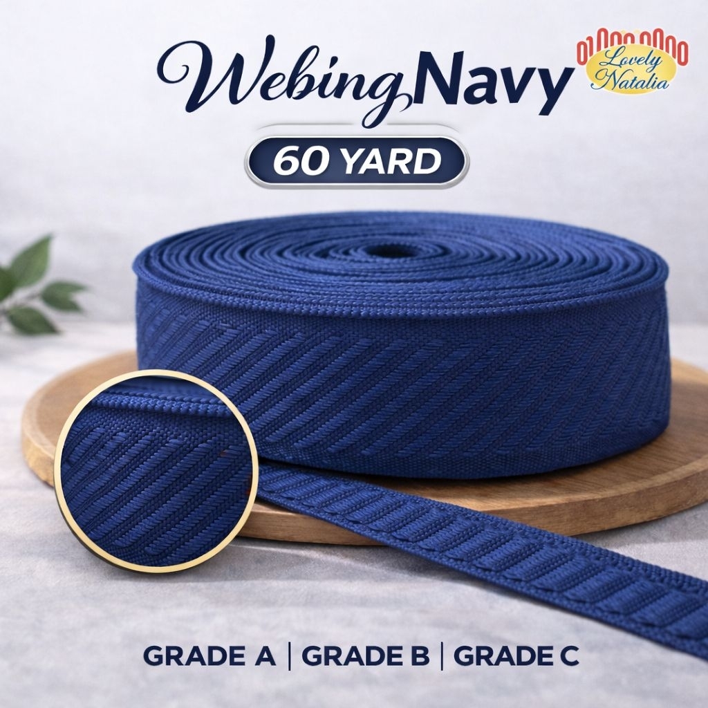 TALI BISBAN WEBING NAVY /BISBAND WEBING / TALI SPREI / KASUR / AKSESORIS - Lebar 4 Cm,  panjang 60 Y