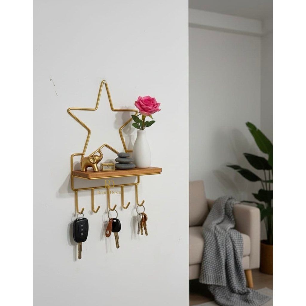 Rak Gantungan Kunci Dinding Estetik Minimalis Rak Kunci Besi + Kayu Dekorasi Rumah