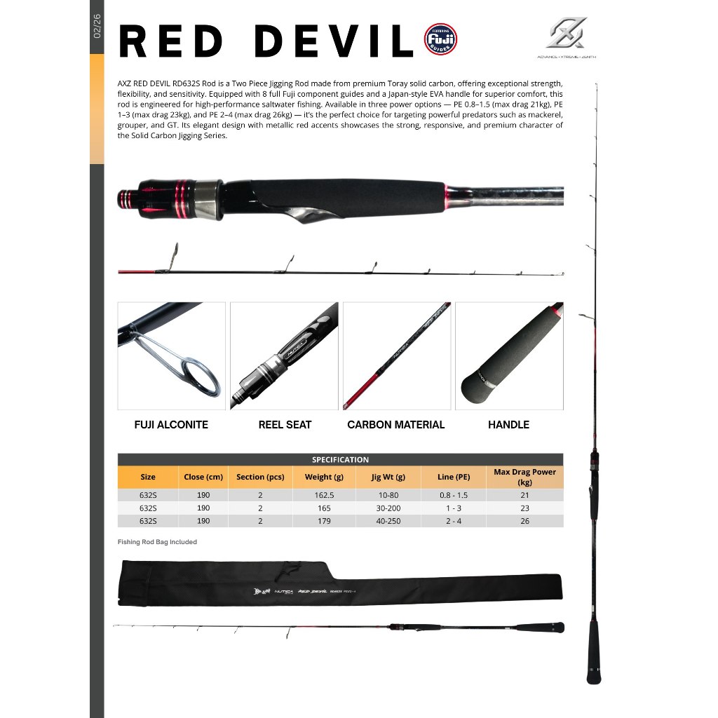 AXZ Red Devil RD632S Jigging Rod Solid Carbon Fuji Alconite Guide 2 Section – Joran Jigging PE 0.8-4