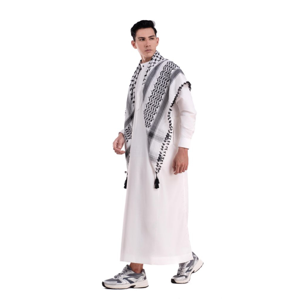 Thobe Jubah Gamis Pria Fadkhera Elquds Broken White Putih Tulang Slimfit Lengan Panjang Manset