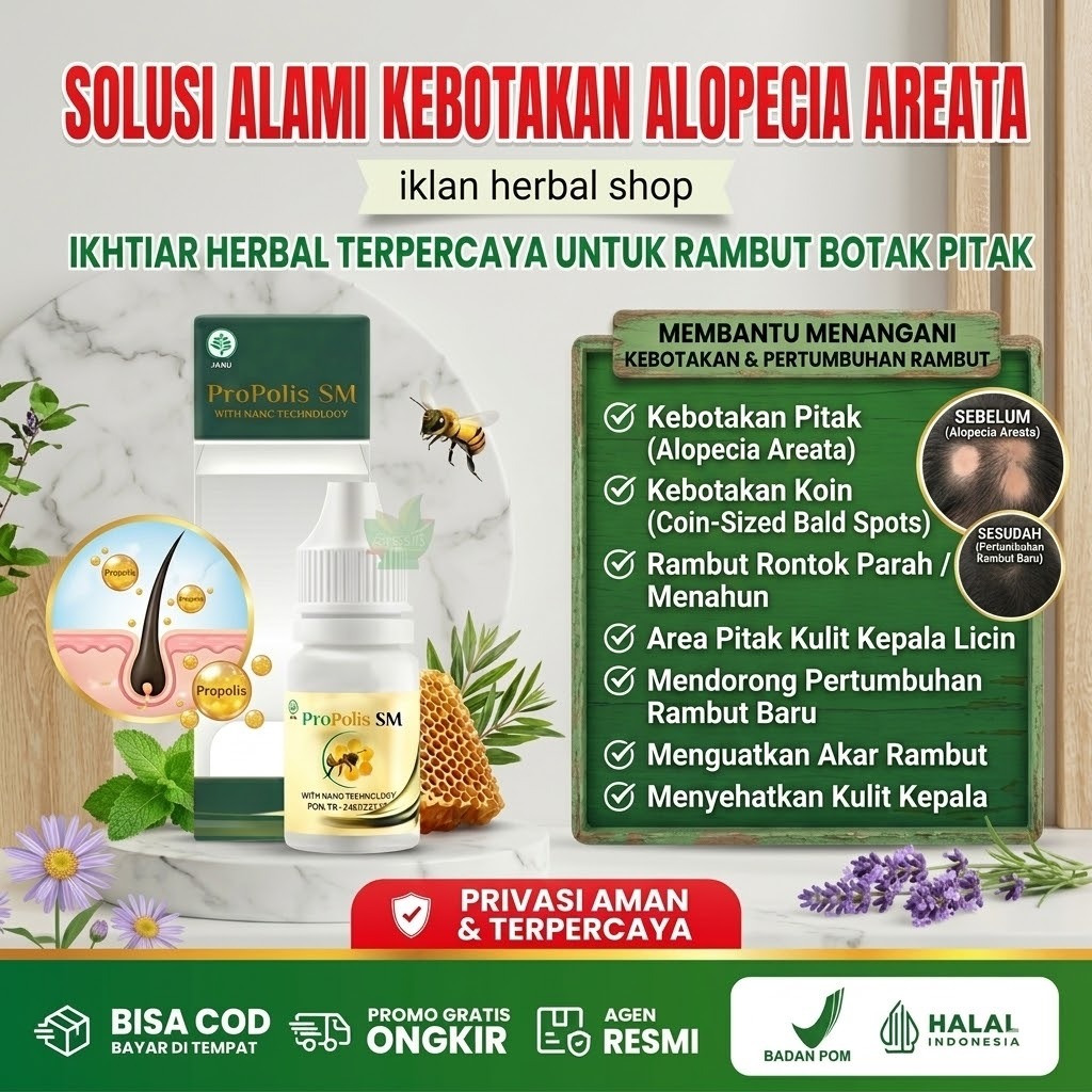 Propolis SM Obat Alopecia Areata, Penumbuh Rambut Pitak Botak, Psoriasis Kulit Kepala