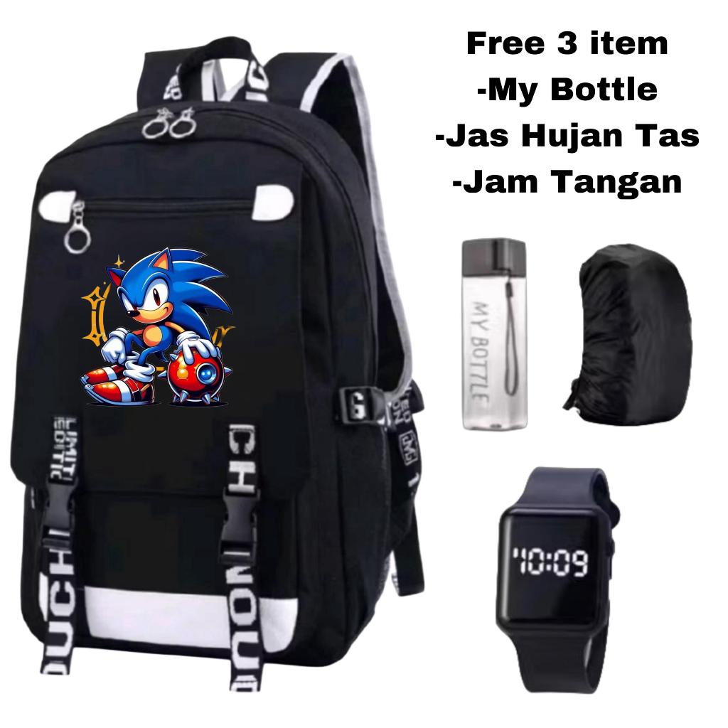 Tas Ransel Anak Sonic Kanvas Printing Kartun TK SD Hitam Biru Merah - Tas ransel anak One Piece teng