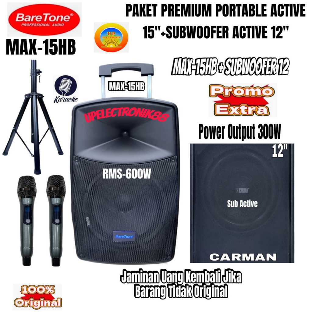 Paket Sound System Speaker Portable Baretone MAX15HB + Subwoofer 12 Inch Original Kualitas Premium
