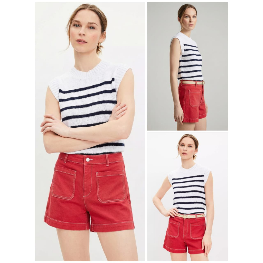 Celana LOFT Denim High Rise Short in Tango Red Pants