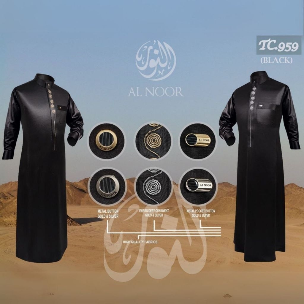 Jubah Al-Noor Bordir Eksklusif Hitam Manset Bahan Polyester Premium Dewasa