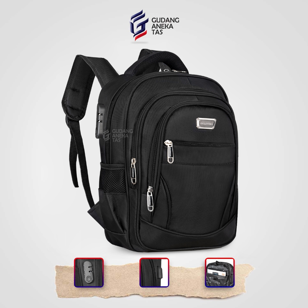 Tas Ransel Sekolah 14 Inch Goldvers Kunci Kombinasi USB Port Free Raincover
